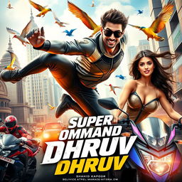 A vibrant film poster for 'Super Commando Dhruv', featuring a Shahid Kapoor look-alike superhero with an athletic build and an engaging smile, showcasing his acrobatic abilities in a dynamic pose amidst the bustling cityscape of Mumbai