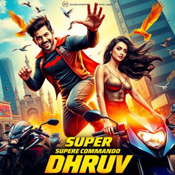 A vibrant film poster for 'Super Commando Dhruv', featuring a Shahid Kapoor look-alike superhero with an athletic build and an engaging smile, showcasing his acrobatic abilities in a dynamic pose amidst the bustling cityscape of Mumbai
