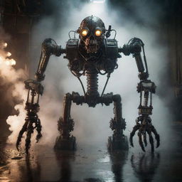 A hyper-realistic image showcasing a steampunk-inspired, aggressive and intricate zombie AI humanoid mech on a wet, reflective floor, surrounded by volumetric smoke. The design involves emissive LED lights and dramatic lighting. The style is super-detailed, maximalist, and elegantly brutal, akin to a dramatic movie poster.