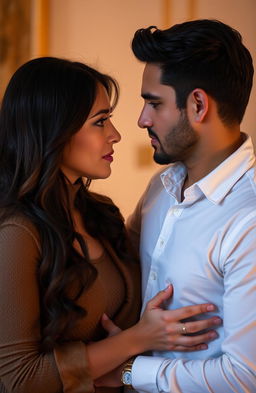 A tender moment between two people deeply in love, one person looking confused and uncertain, while the other exudes devotion and commitment