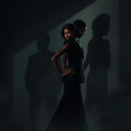 A dramatic and suspenseful scene depicting a mysterious and intense moment between a black couple in a noir-inspired setting