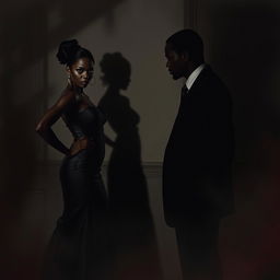 A dramatic and suspenseful scene depicting a mysterious and intense moment between a black couple in a noir-inspired setting