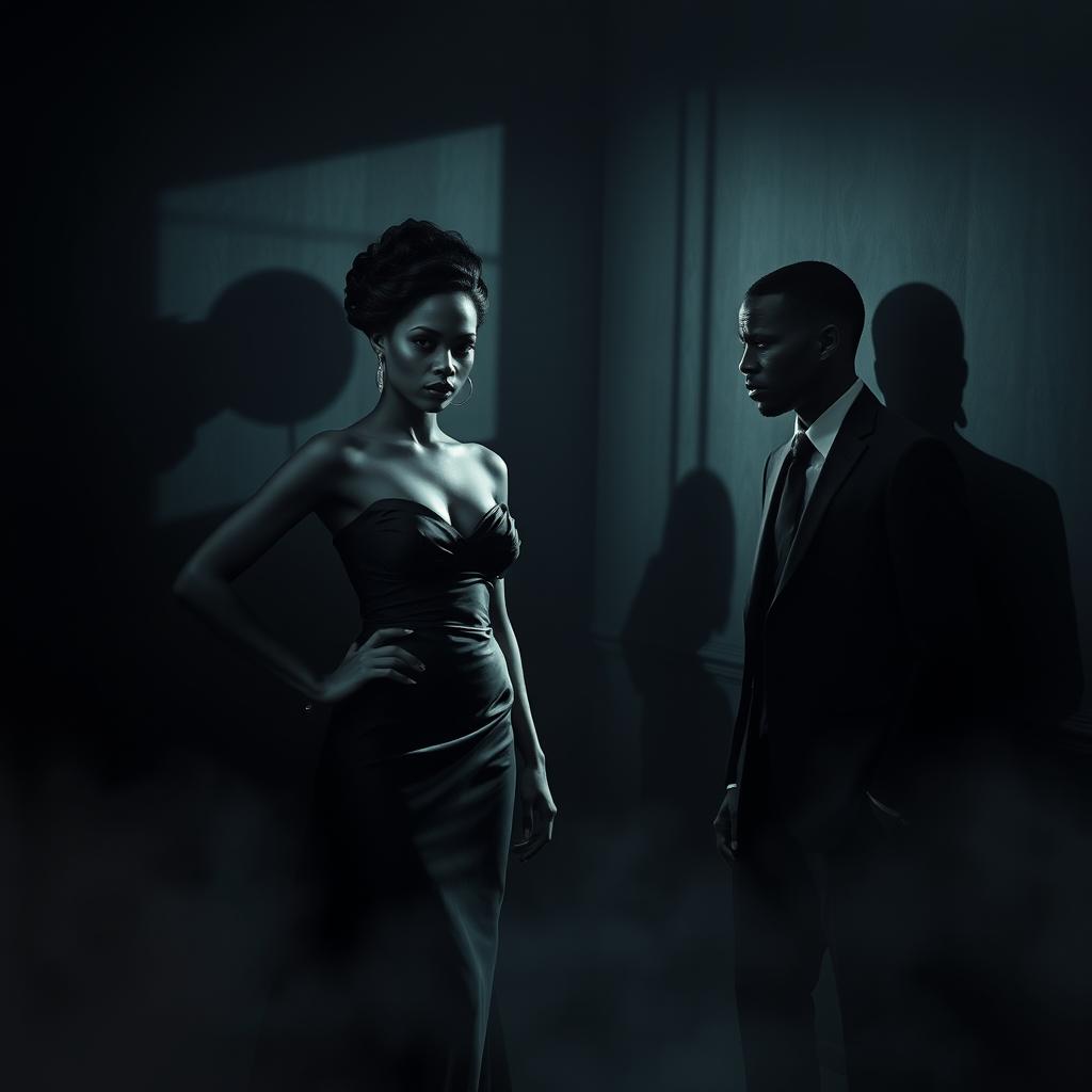 A dramatic and suspenseful scene depicting a mysterious and intense moment between a black couple in a noir-inspired setting