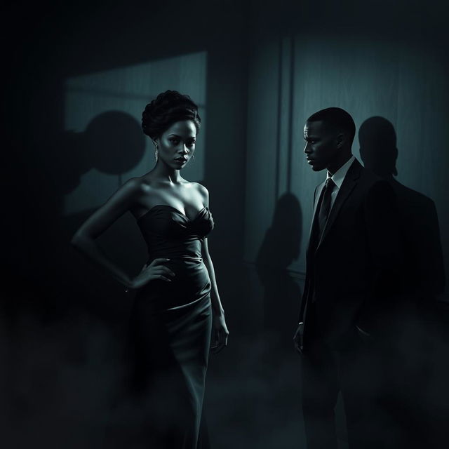 A dramatic and suspenseful scene depicting a mysterious and intense moment between a black couple in a noir-inspired setting