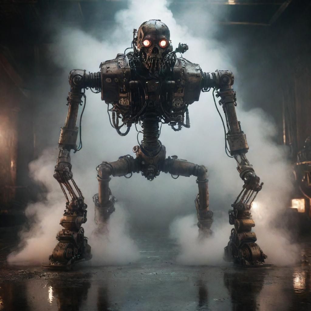 A hyper-realistic image showcasing a steampunk-inspired, aggressive and intricate zombie AI humanoid mech on a wet, reflective floor, surrounded by volumetric smoke. The design involves emissive LED lights and dramatic lighting. The style is super-detailed, maximalist, and elegantly brutal, akin to a dramatic movie poster.