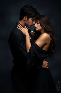 A romantic scene depicting two people deeply in love, standing close together in an emotional embrace