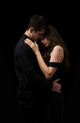 A romantic scene depicting two people deeply in love, standing close together in an emotional embrace