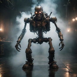 A hyper-realistic image showcasing a steampunk-inspired, aggressive and intricate zombie AI humanoid mech on a wet, reflective floor, surrounded by volumetric smoke. The design involves emissive LED lights and dramatic lighting. The style is super-detailed, maximalist, and elegantly brutal, akin to a dramatic movie poster.