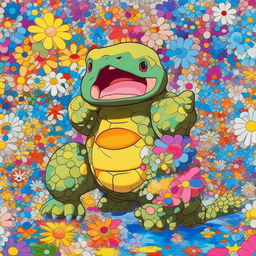 A beautiful Murakami print featuring Blastoise from Pokemon, with the water type Pokemon surrounded by vibrant, superflat style elements typical of Murakami's artwork.