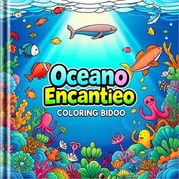 A vibrant and captivating book cover for a children's coloring book titled "Oceano Encantado - Livro de Colorir Infantil" designed for ages 9 to 11