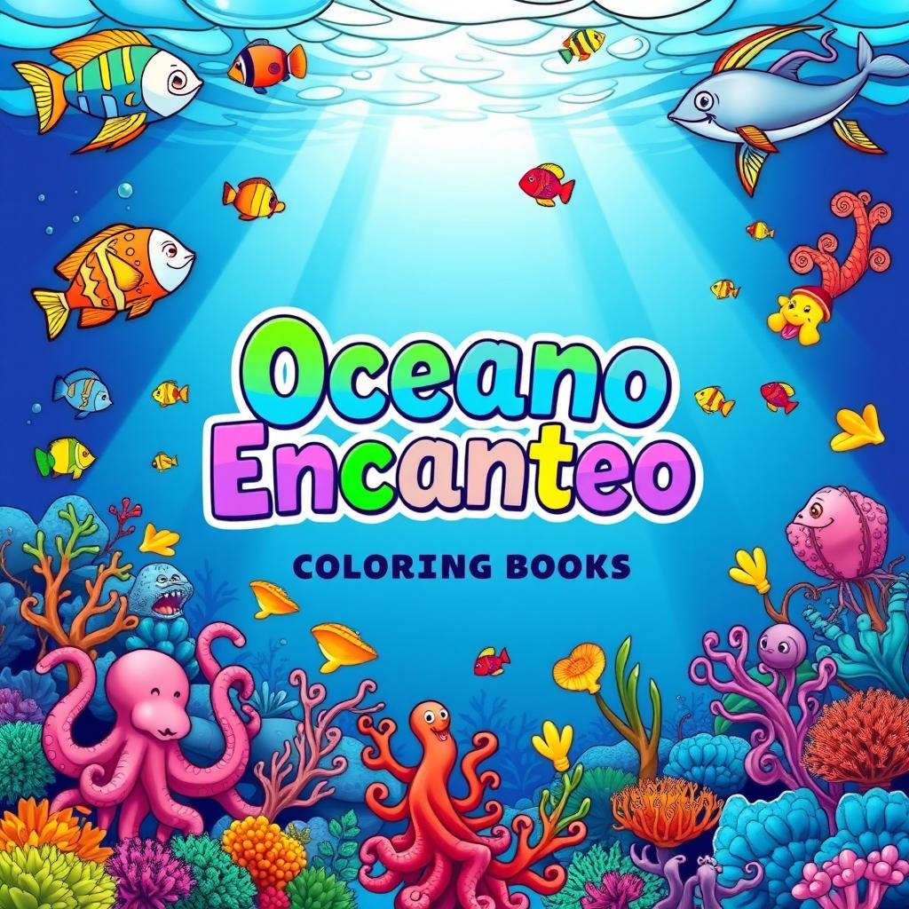 A vibrant and captivating book cover for a children's coloring book titled "Oceano Encantado - Livro de Colorir Infantil" designed for ages 9 to 11