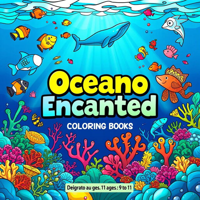 A vibrant and captivating book cover for a children's coloring book titled "Oceano Encantado - Livro de Colorir Infantil" designed for ages 9 to 11