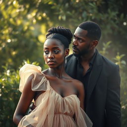 A captivating and emotionally charged scene featuring a black couple in a serene setting that hints at complexity and trust
