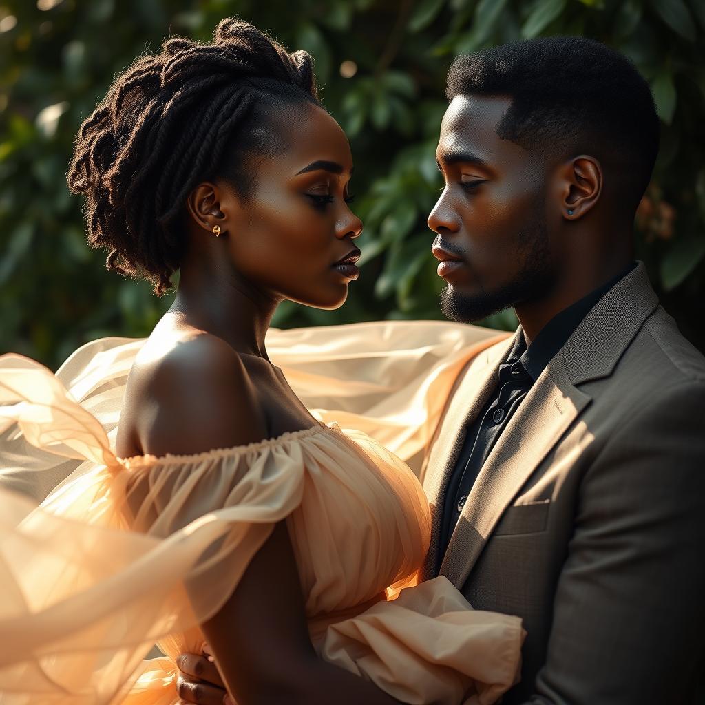 A captivating and emotionally charged scene featuring a black couple in a serene setting that hints at complexity and trust