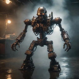 A hyper-realistic image showcasing a steampunk-inspired, aggressive and intricate zombie AI humanoid mech on a wet, reflective floor, surrounded by volumetric smoke. The design involves emissive LED lights and dramatic lighting. The style is super-detailed, maximalist, and elegantly brutal, akin to a dramatic movie poster.