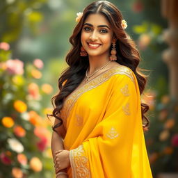A glamorous portrait of a beautiful Indian woman resembling Shraddha Kapoor, elegantly dressed in a vibrant yellow saree with intricate golden embroidery, flowing gracefully around her