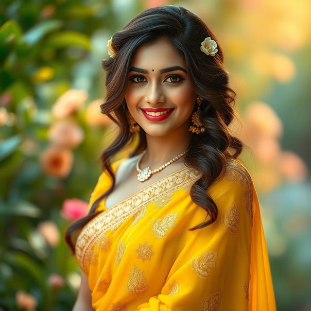 A glamorous portrait of a beautiful Indian woman resembling Shraddha Kapoor, elegantly dressed in a vibrant yellow saree with intricate golden embroidery, flowing gracefully around her