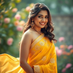 A glamorous portrait of a beautiful Indian woman resembling Shraddha Kapoor, elegantly dressed in a vibrant yellow saree with intricate golden embroidery, flowing gracefully around her