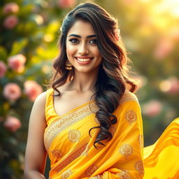 A glamorous portrait of a beautiful Indian woman resembling Shraddha Kapoor, elegantly dressed in a vibrant yellow saree with intricate golden embroidery, flowing gracefully around her