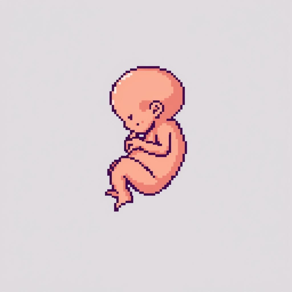 A pixel art representation of an undeveloped fetus, focusing on a simple and stylized design that captures the essence of the subject in a respectful manner