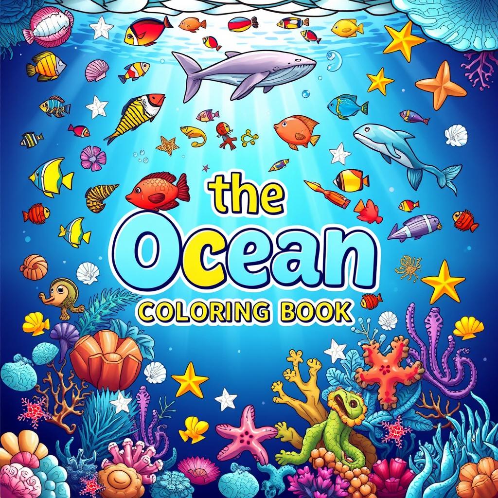 A vibrant and captivating cover for a children's coloring book about the ocean, featuring colorful fish, seashells, starfish, and other marine creatures