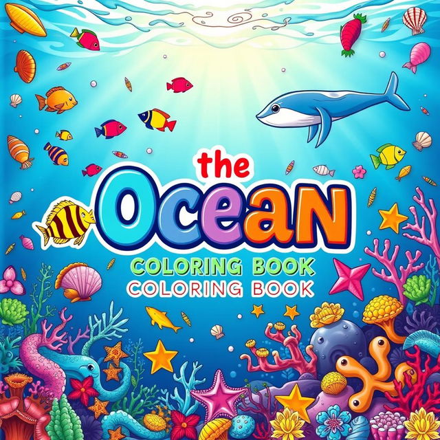 A vibrant and captivating cover for a children's coloring book about the ocean, featuring colorful fish, seashells, starfish, and other marine creatures