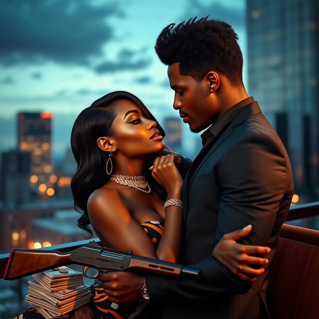 A dynamic scene featuring a stylish black couple in an urban setting, sharing a moment of passion and intimacy