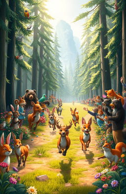 A vibrant scene depicting a great animal race in a majestic forest, featuring a variety of animals such as deer, rabbits, and foxes racing energetically on a forest path