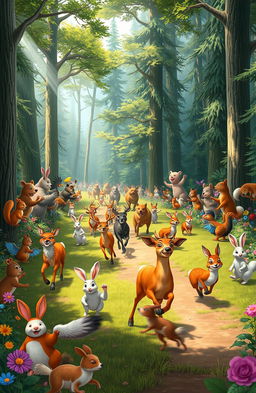 A vibrant scene depicting a great animal race in a majestic forest, featuring a variety of animals such as deer, rabbits, and foxes racing energetically on a forest path
