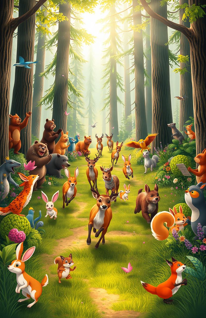 A vibrant scene depicting a great animal race in a majestic forest, featuring a variety of animals such as deer, rabbits, and foxes racing energetically on a forest path