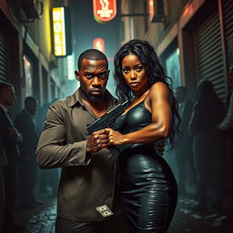 A tense scene featuring an angry black couple amidst a backdrop of urban chaos