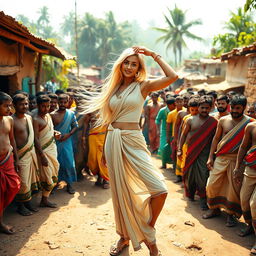 A striking scene featuring a female figure with flowing blonde hair, posing confidently in a natural setting