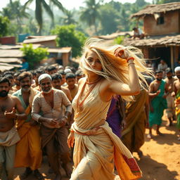 A striking scene featuring a female figure with flowing blonde hair, posing confidently in a natural setting
