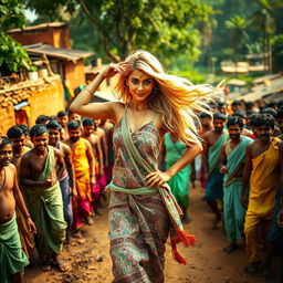 A striking scene featuring a female figure with flowing blonde hair, posing confidently in a natural setting