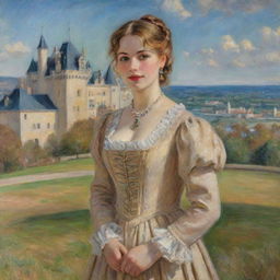 A Renoir-style impressionist painting of a woman elegantly dressed in period attire, standing in front of a grand, detailed castle with rolling landscapes in the background.