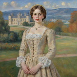 A Renoir-style impressionist painting of a woman elegantly dressed in period attire, standing in front of a grand, detailed castle with rolling landscapes in the background.