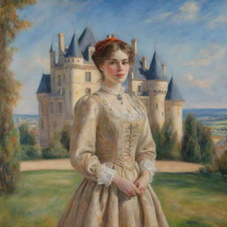 A Renoir-style impressionist painting of a woman elegantly dressed in period attire, standing in front of a grand, detailed castle with rolling landscapes in the background.