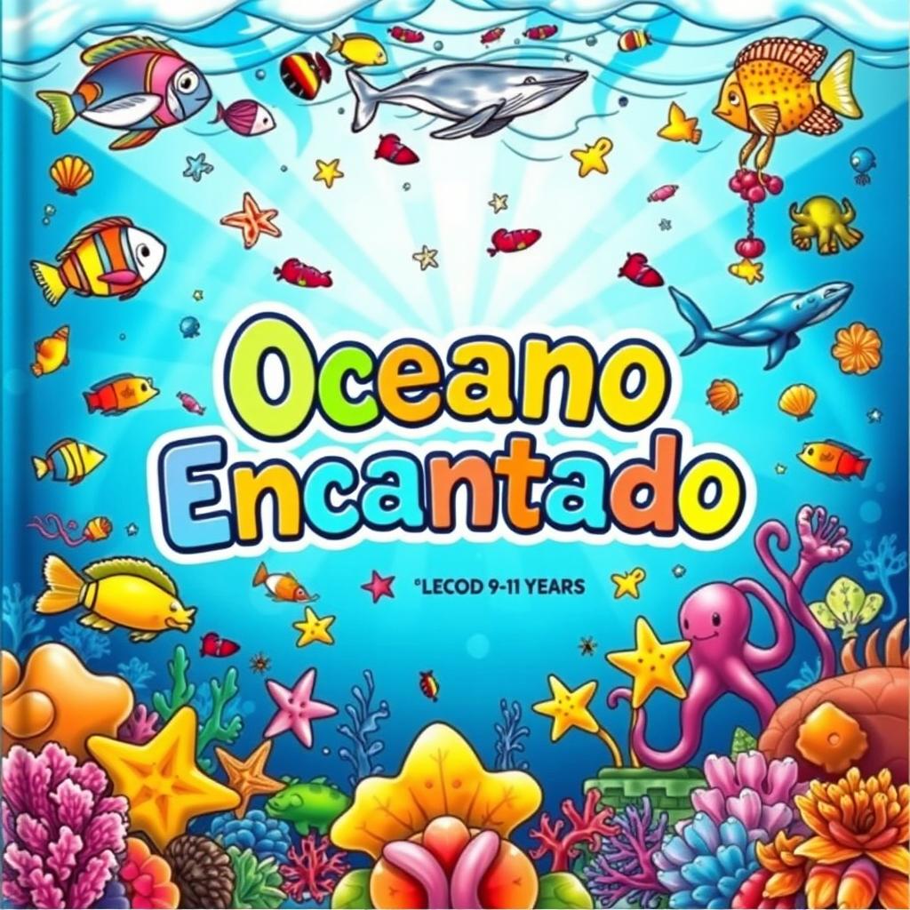 A vibrant and captivating cover for a children's coloring book titled 'Oceano Encantado', featuring colorful fish, seashells, starfish, and other marine creatures