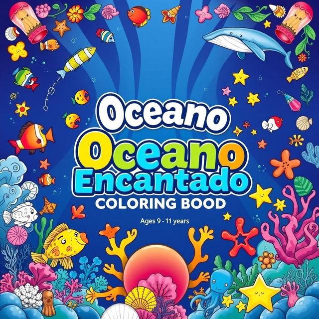 A vibrant and captivating cover for a children's coloring book titled 'Oceano Encantado', featuring colorful fish, seashells, starfish, and other marine creatures