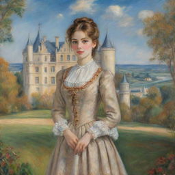 A Renoir-style impressionist painting of a woman elegantly dressed in period attire, standing in front of a grand, detailed castle with rolling landscapes in the background.