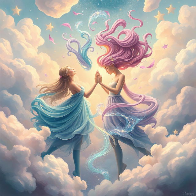 A surreal and imaginative artwork depicting a whimsical scene featuring gender-fluid characters merging energies creatively, representing the concept of unity and acceptance, with dreamy pastel colors swirling around them