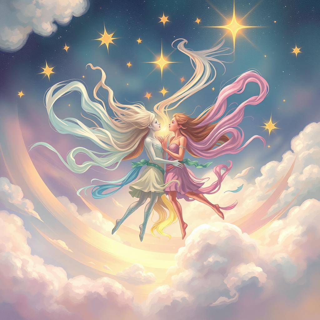 A surreal and imaginative artwork depicting a whimsical scene featuring gender-fluid characters merging energies creatively, representing the concept of unity and acceptance, with dreamy pastel colors swirling around them