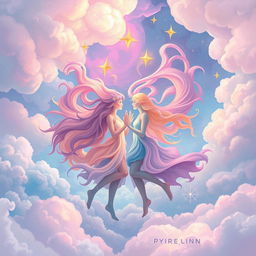A surreal and imaginative artwork depicting a whimsical scene featuring gender-fluid characters merging energies creatively, representing the concept of unity and acceptance, with dreamy pastel colors swirling around them