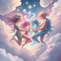 A surreal and imaginative artwork depicting a whimsical scene featuring gender-fluid characters merging energies creatively, representing the concept of unity and acceptance, with dreamy pastel colors swirling around them
