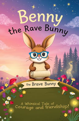 A whimsical children's book cover featuring Benny, a small, adventurous bunny with soft brown fur, oversized blue glasses, and a playful smile