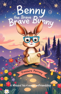 A whimsical children's book cover featuring Benny, a small, adventurous bunny with soft brown fur, oversized blue glasses, and a playful smile