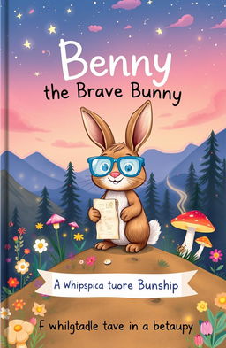 A whimsical children's book cover featuring Benny, a small, adventurous bunny with soft brown fur, oversized blue glasses, and a playful smile