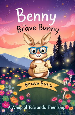A whimsical children's book cover featuring Benny, a small, adventurous bunny with soft brown fur, oversized blue glasses, and a playful smile