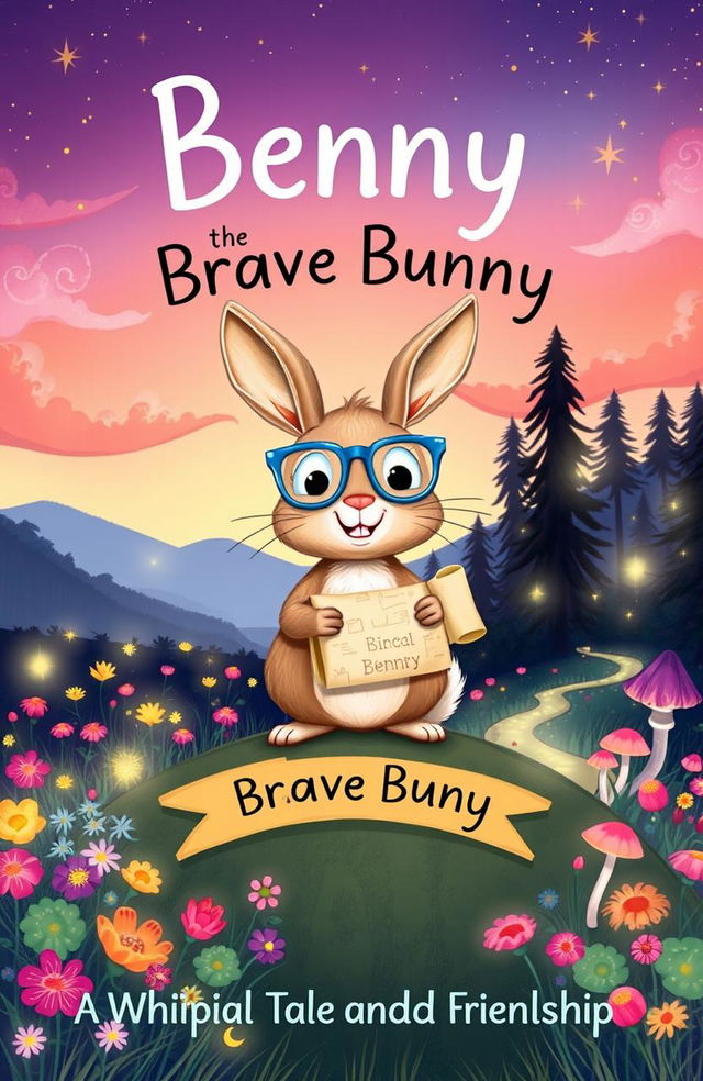 A whimsical children's book cover featuring Benny, a small, adventurous bunny with soft brown fur, oversized blue glasses, and a playful smile