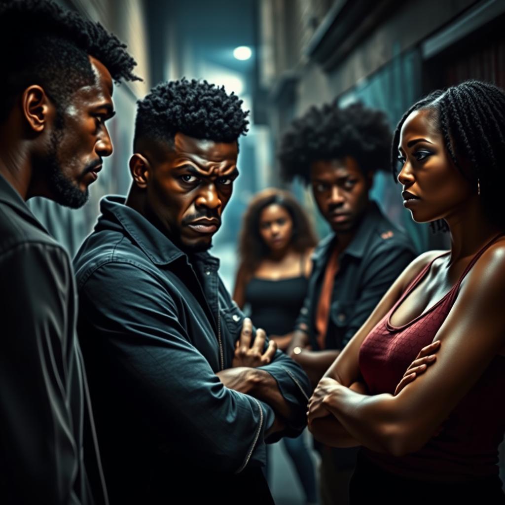 A charged scene highlighting an angry black couple at the forefront, their expressions reflecting frustration and tension